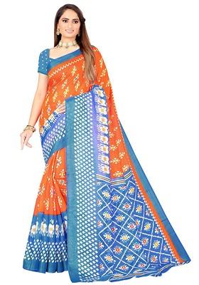 Orange Printed Art Silk Saree Set