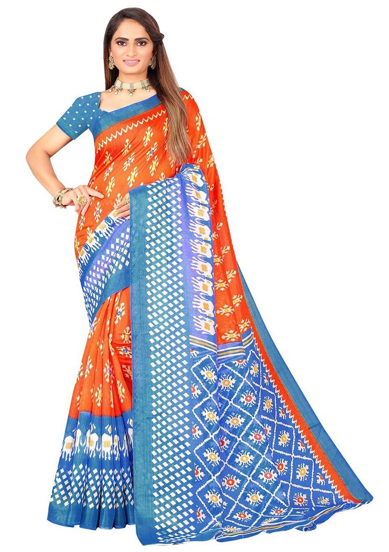 Orange Printed Art Silk Saree Set
