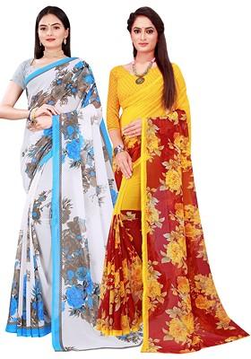 White Floral Georgette Saree Set (Set Of 2)