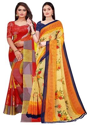 Yellow Printed Georgette Saree Set (Set Of 2)