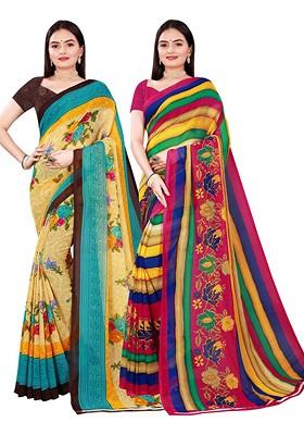 Beige Embroidered Georgette Saree Set (Set Of 2)