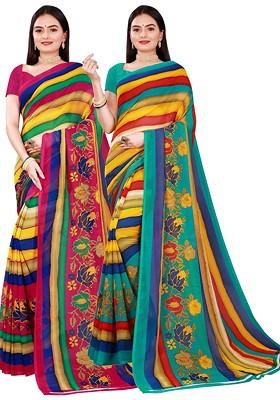 Pink Embroidered Georgette Saree Set (Set Of 2)