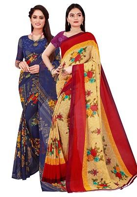 Beige Embroidered Georgette Saree Set (Set Of 2)