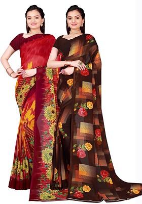 Brown Printed Georgette Saree Set (Set Of 2)