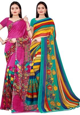Magenta Embroidered Georgette Saree Set (Set Of 2)