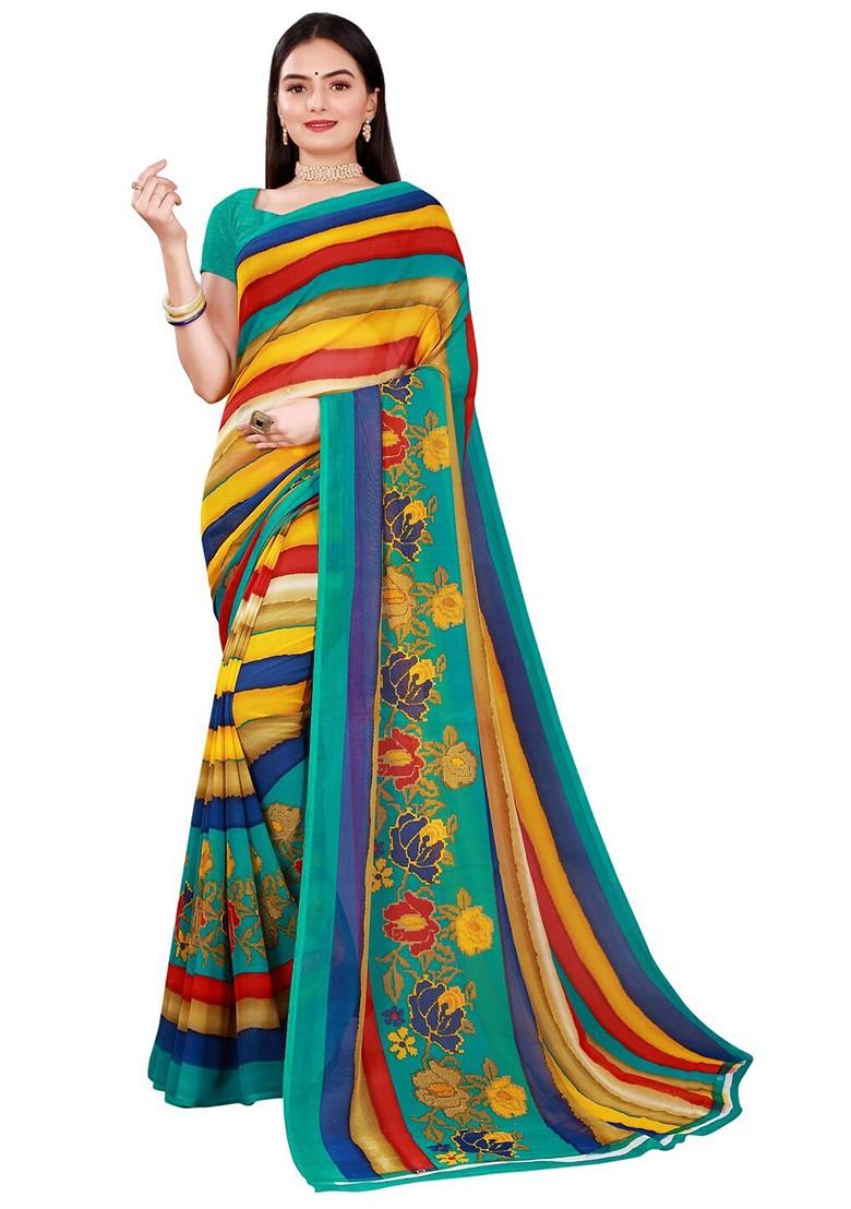 Magenta Embroidered Georgette Saree Set (Set Of 2)