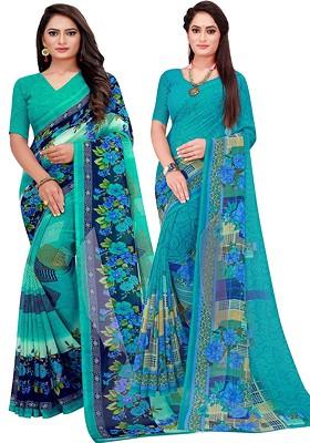 Turquoise Blue Floral Georgette Saree Set (Set Of 2)