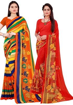 Red Printed Georgette Saree Set (Set Of 2)