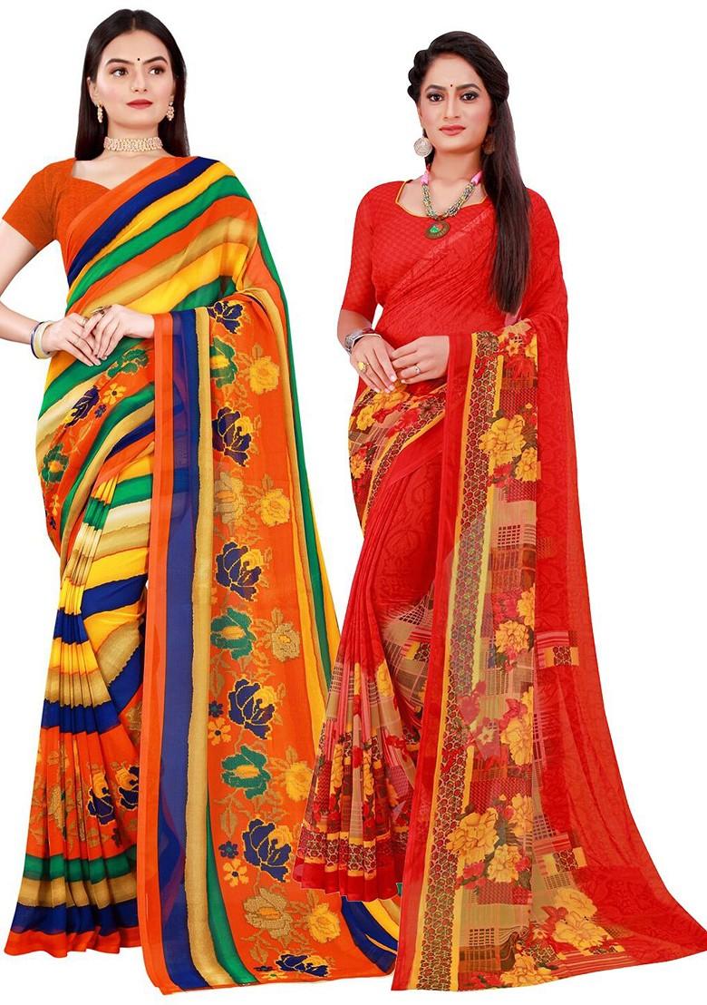 Red Printed Georgette Saree Set (Set Of 2)