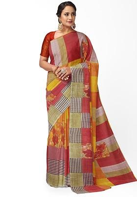 Red Printed Georgette Saree Set