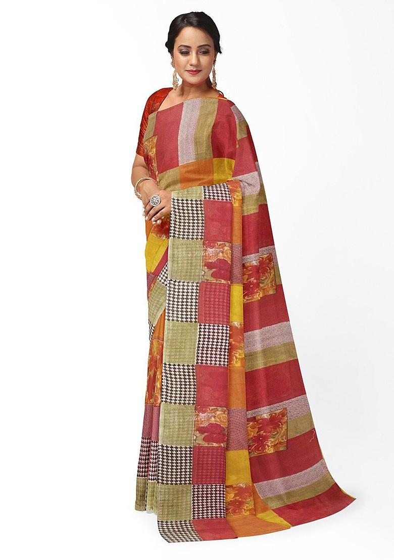 Red Printed Georgette Saree Set