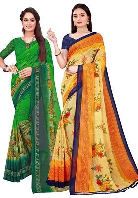 Green Printed Georgette Saree Set (Set Of 2)