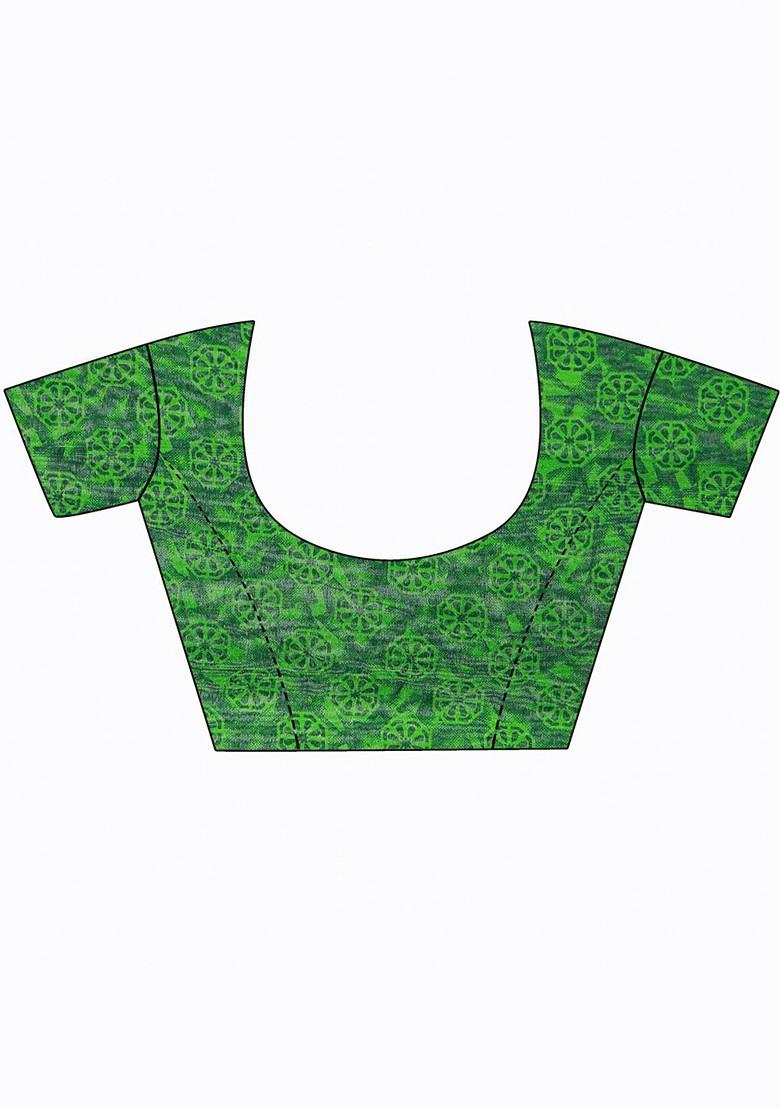 Green Printed Georgette Saree Set (Set Of 2)