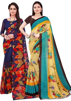 Beige Floral Georgette Saree Set (Set Of 2)