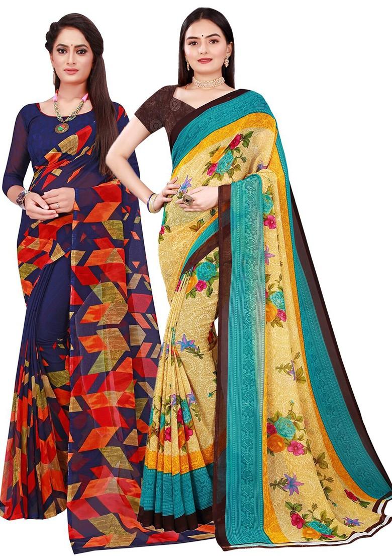 Beige Floral Georgette Saree Set (Set Of 2)