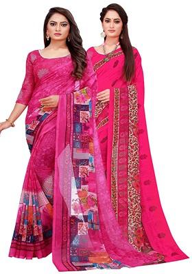Magenta Printed Georgette Saree Set (Set Of 2)