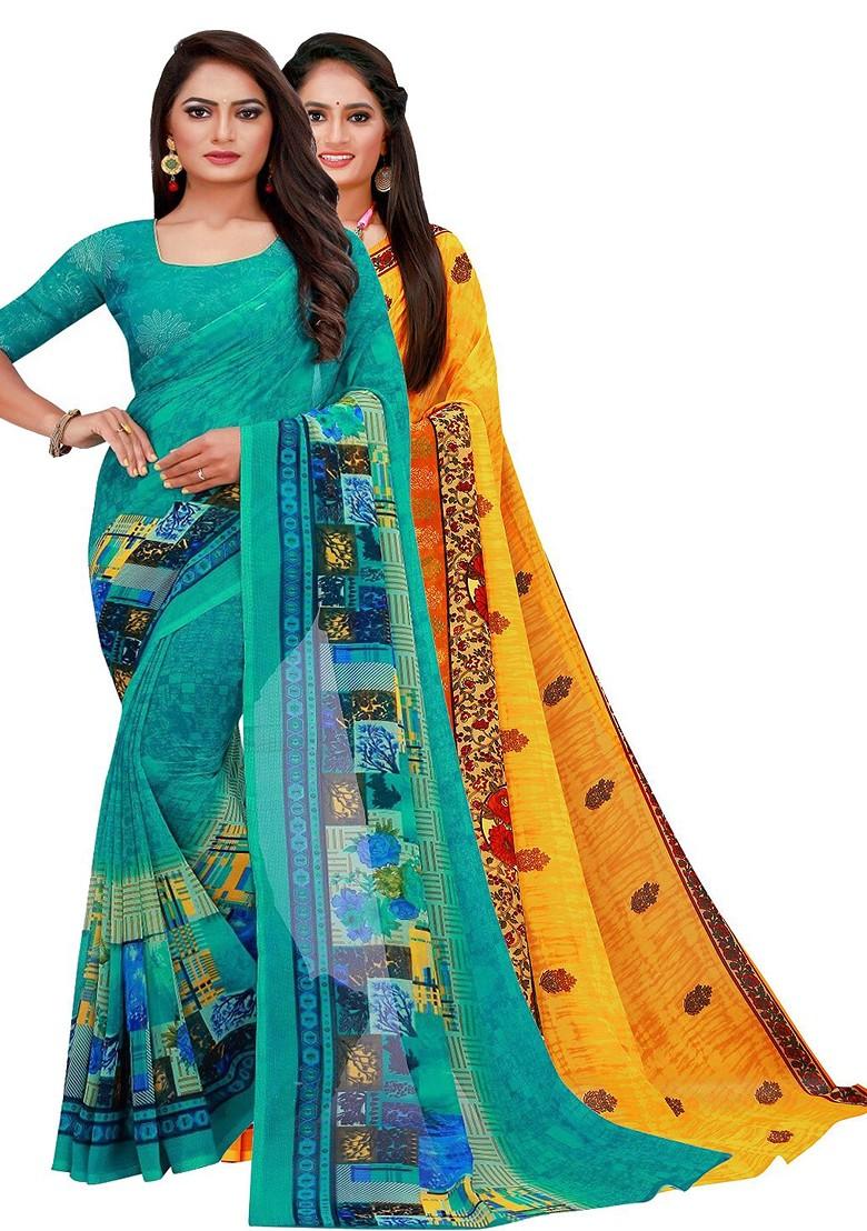 Turquoise Blue Printed Georgette Saree Set (Set Of 2)