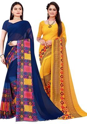 Yellow Printed Georgette Saree Set (Set Of 2)