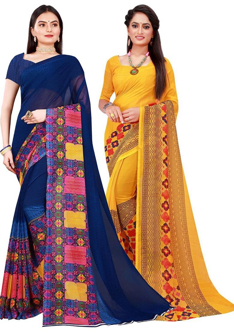 Yellow Printed Georgette Saree Set (Set Of 2)