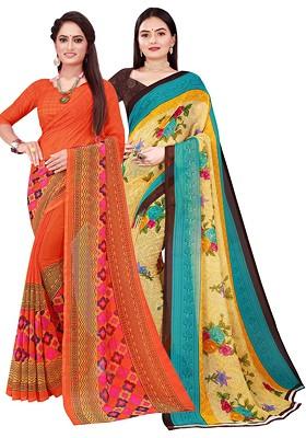 Orange Floral Georgette Saree Set (Set Of 2)