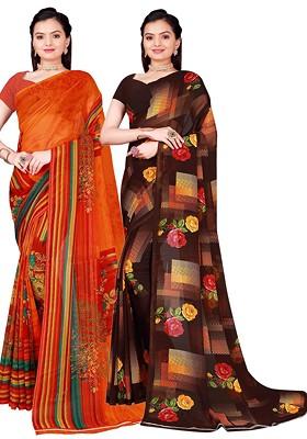 Brown Embroidered Georgette Saree Set (Set Of 2)