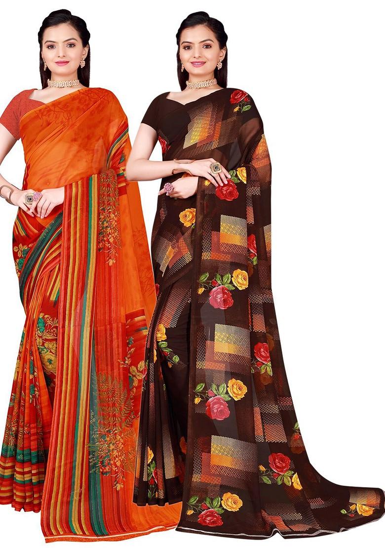 Brown Embroidered Georgette Saree Set (Set Of 2)