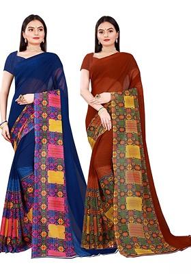 Brown Embroidered Georgette Saree Set (Set Of 2)