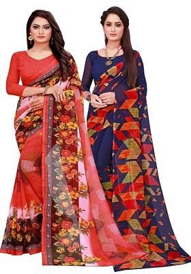 Navy Blue Printed Georgette Saree Set (Set Of 2)