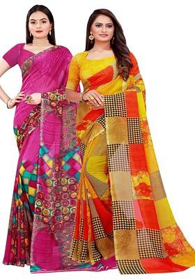Magenta Printed Georgette Saree Set