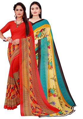 Beige Floral Georgette Saree Set (Set Of 2)