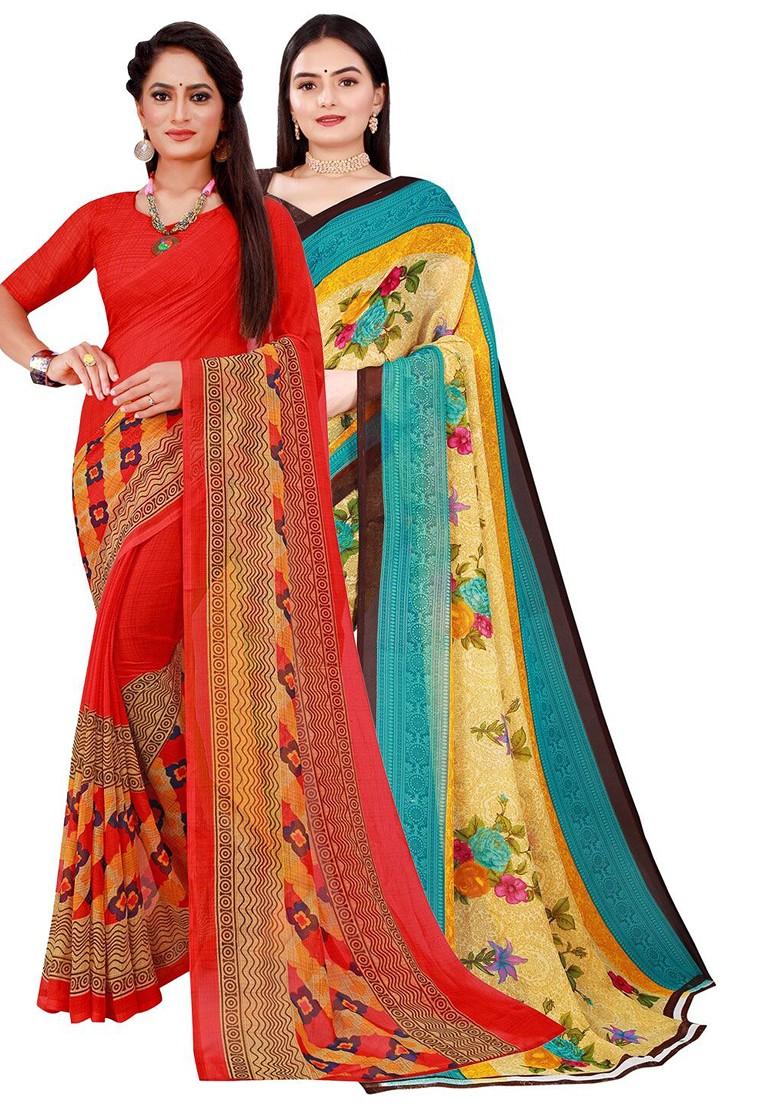 Beige Floral Georgette Saree Set (Set Of 2)