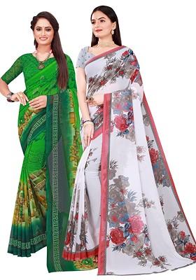 Green Floral Georgette Saree Set (Set Of 2)