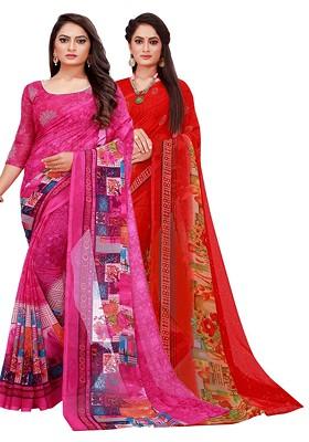 Pink Floral Georgette Saree Set (Set Of 2)