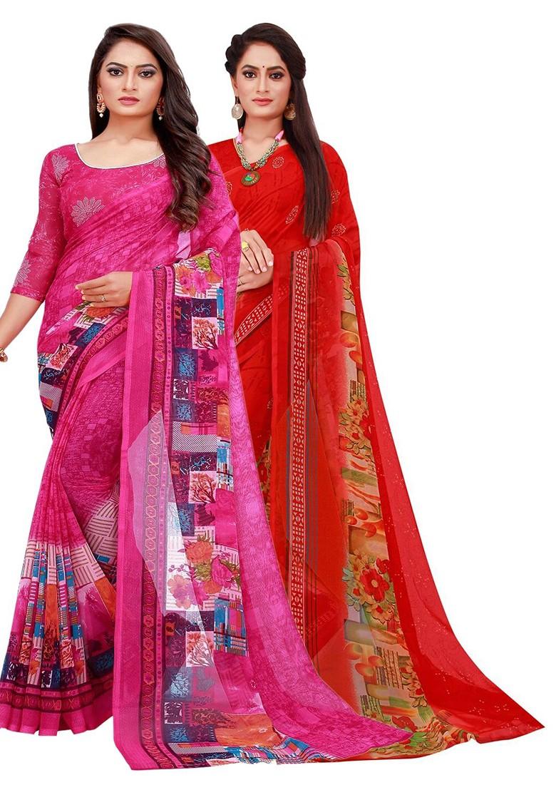 Pink Floral Georgette Saree Set (Set Of 2)