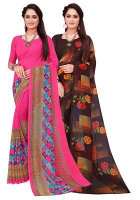 Pink Printed Georgette Saree Set (Set Of 2)