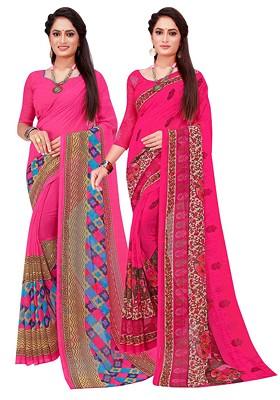 Magenta Printed Georgette Saree Set (Set Of 2)