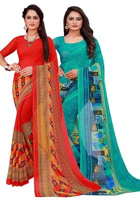 Red Printed Georgette Saree Set (Set Of 2)
