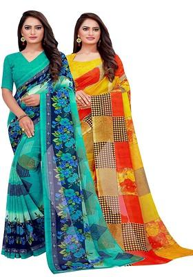 Turquoise Blue Floral Georgette Saree Set (Set Of 2)
