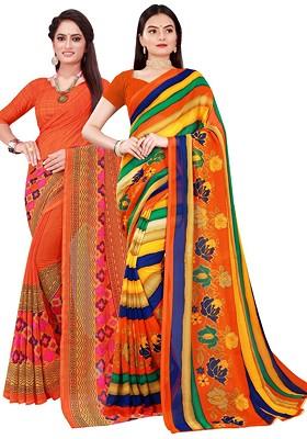 Orange Printed Georgette Saree Set (Set Of 2)