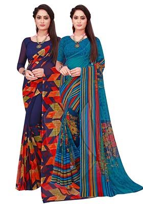 Navy Blue Embroidered Georgette Saree Set (Set Of 2)