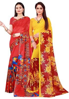 Red Embroidered Poly Blend Saree Set