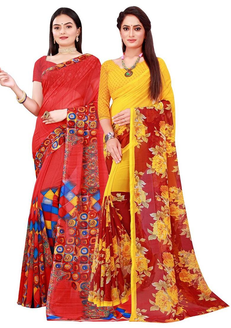 Red Embroidered Poly Blend Saree Set