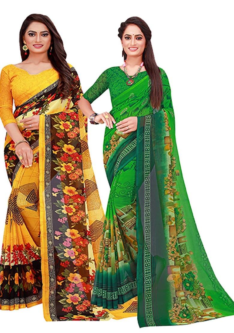 Green Embroidered Georgette Saree Set (Set Of 2)
