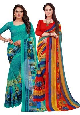 Turquoise Blue Embroidered Georgette Saree Set (Set Of 2)