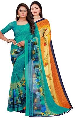 Beige Floral Georgette Saree Set (Set Of 2)