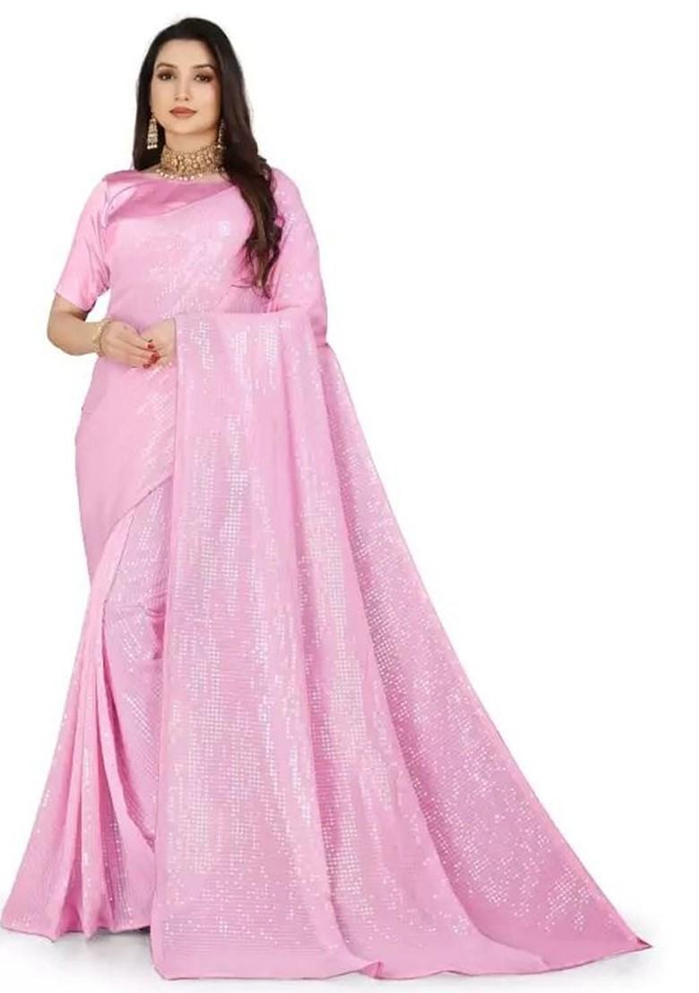 Pink Embellished Poly Blend Saree Set