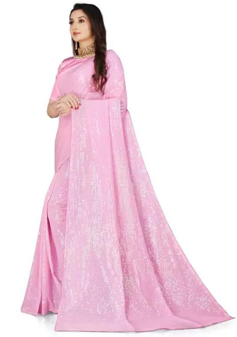 Pink Embellished Poly Blend Saree Set