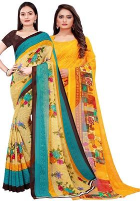 Beige Floral Georgette Saree Set (Set Of 2)