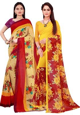Beige Embroidered Georgette Saree Set (Set Of 2)