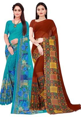 Turquoise Blue Printed Georgette Saree Set (Set Of 2)